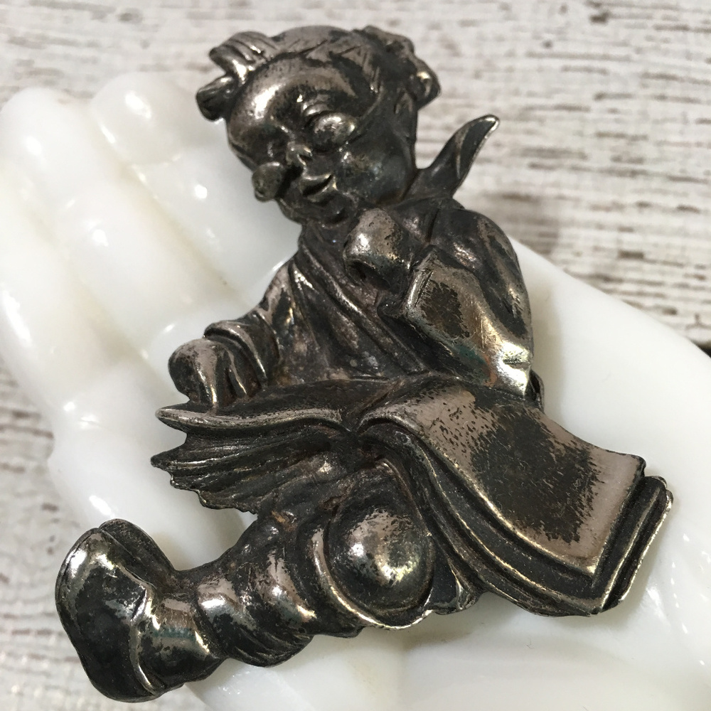 Vintage Brooch~ The Book Worm~ Brushed Metal~